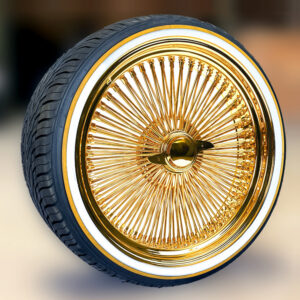 22×8″ gold wire wheels – 150 spoke all gold standard offset + vogue tires 265/35r22 (set of 4)