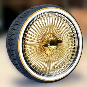 22×8″ fwd gold 150 spoke wire wheels with chrome lip + vogue tires 265/35r22 – set of 4
