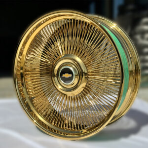 all gold 24 inch wire wheels 24×9, 24×10 staggered bolt on spoke wheels – set of 4