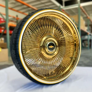 24″ wire wheels all gold staggered direct bolt + 255/30r24 tires whitewall and yellow stripe