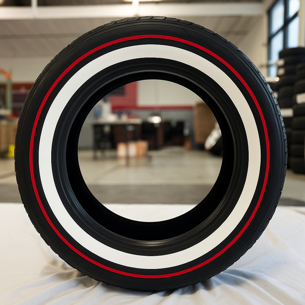 265-60-18-whitewall-red-stripe-tires-side 265/60R18 Whitewall + Red Stripe Tire True White Rubber Single Custom Handmade Tire - Image 2