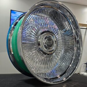 24″ wire wheels chrome staggered direct bolt + 275/25r24 true whitewall and gold stripe – set of 4