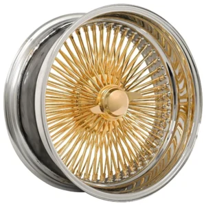 22×8” gold center wire wheels – 150 spoke with chrome lip + 265/35r22 original vogue tires | triple plated | set of 4