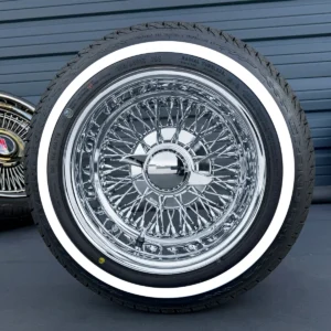 13x7 chrome wire wheels 72 spoke reverse cross lace with 155/80R13 whitewall tires set of 4