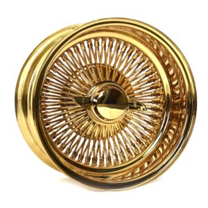 all gold 13x7 reverse 100 spoke straight lace wire wheels lowrider classic car deep dish set of 4 with gold knock offs adapters Impala Caprice Cutlass