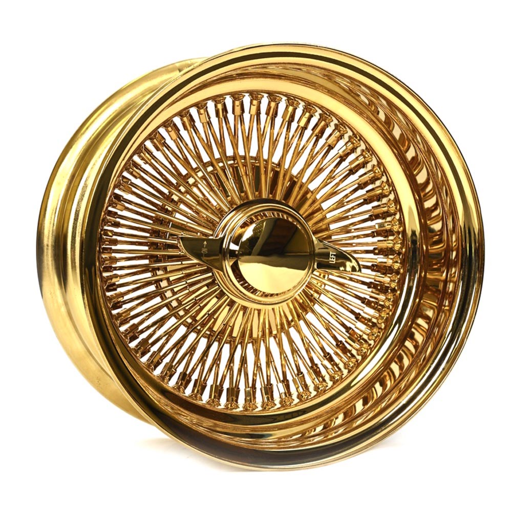 all gold 13x7 reverse 100 spoke straight lace wire wheels lowrider classic car deep dish set of 4 with gold knock offs adapters Impala Caprice Cutlass all gold 13x7 reverse 100 spoke straight lace wire wheels lowrider classic car deep dish set of 4 with gold knock offs adapters Impala Caprice Cutlass