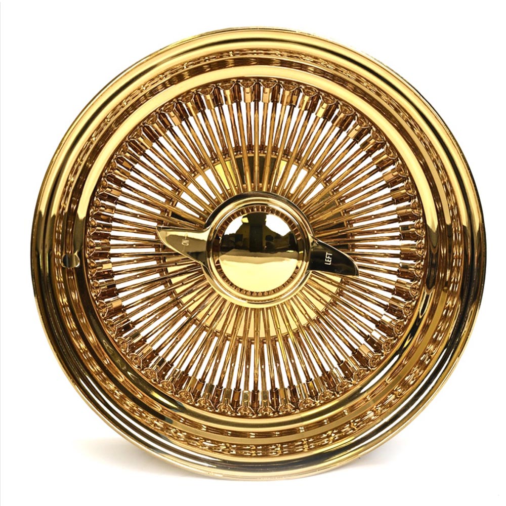 all gold 13x7 reverse 100 spoke straight lace wire wheels lowrider classic car deep dish set of 4 with gold knock offs adapters Impala Caprice Cutlass all gold 13x7 reverse 100 spoke straight lace wire wheels lowrider classic car deep dish set of 4 with gold knock offs adapters Impala Caprice Cutlass