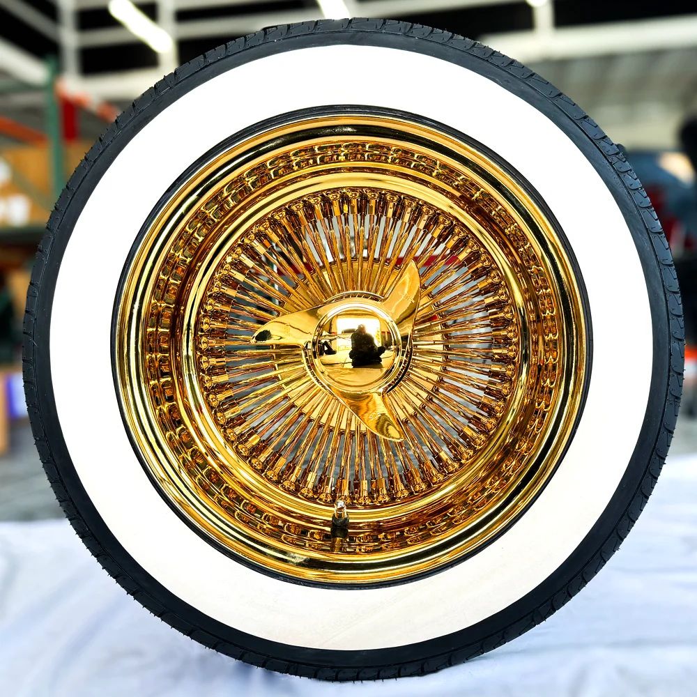 all gold 13x7 reverse 100 spoke straight lace wire wheels lowrider classic car deep dish set of 4 with gold knock offs adapters Impala Caprice Cutlass all gold 13x7 reverse 100 spoke straight lace wire wheels lowrider classic car deep dish set of 4 with gold knock offs adapters Impala Caprice Cutlass