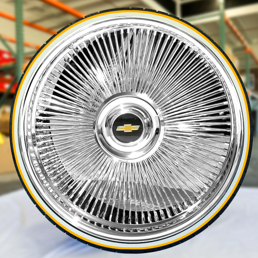 26" chrome wire wheels staggered direct bolt (26×9 / 26×10) + 275/25r26 whitewall & gold stripe tires | custom made usa | show car set