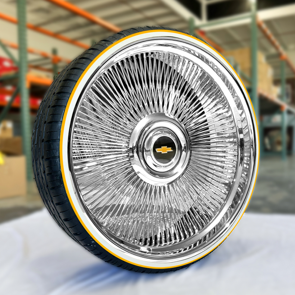 26" chrome wire wheels staggered direct bolt (26×9 / 26×10) + 275/25r26 whitewall & gold stripe tires | custom made usa | show car set