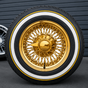 13x7 pure California all gold wire wheels 72 spoke reverse cross lace with 155/80R13 yellow stripe true whitewall tires set of 4
