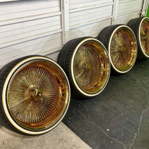 26" all gold wire wheels — staggered direct bolt + 275/25r26 whitewall & gold stripe tires for chevy caprice | set of 4