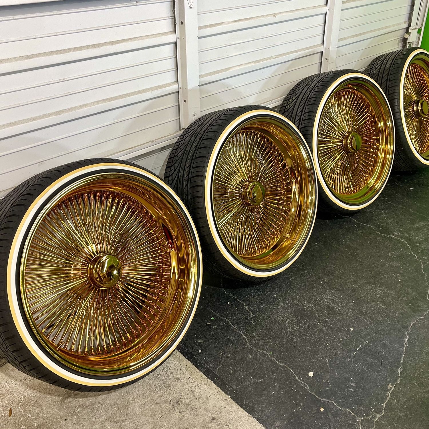 26" all gold wire wheels — staggered direct bolt + 275/25r26 whitewall & gold stripe tires for chevy caprice | set of 4 26" all gold wire wheels — staggered direct bolt + 275/25r26 whitewall & gold stripe tires for chevy caprice | set of 4