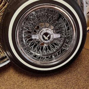 13x7 chrome wire wheels 100 spoke reverse with 155/80R13 buffed whitewall tires set of 4