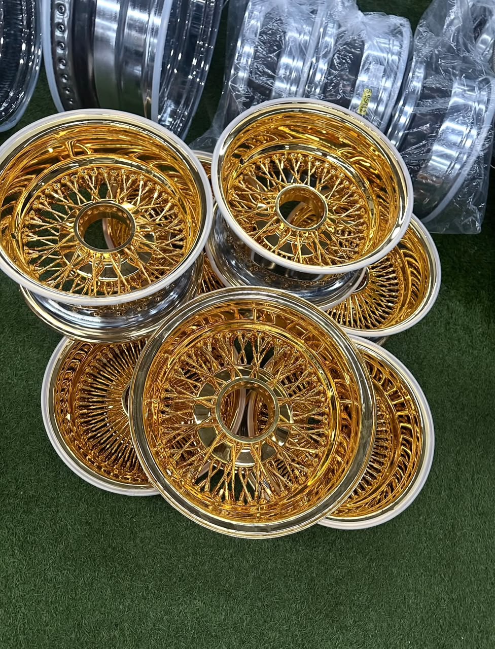 13x7 chrome and gold wire wheels 72 spoke reverse cross lace gold nipple hub knockoff with 155/80R13 true whitewall tires set of 4 13x7 chrome and gold wire wheels 72 spoke reverse cross lace gold nipple hub knockoff with 155/80R13 true whitewall tires set of 4