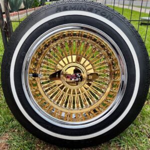 13x7 chrome and gold wire wheels 72 spoke reverse cross lace gold nipple hub knockoff with 155/80R13 true whitewall tires set of 4