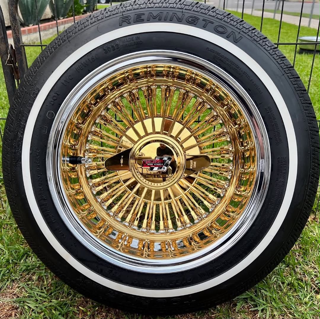 13x7 chrome and gold wire wheels 72 spoke reverse cross lace gold nipple hub knockoff with 155/80R13 true whitewall tires set of 4 13x7 chrome and gold wire wheels 72 spoke reverse cross lace gold nipple hub knockoff with 155/80R13 true whitewall tires set of 4