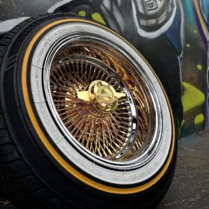 13x7 pure 24K California gold center chrome lip wire wheels 100 spoke with 155/80R13 true whitewall tires set of 4