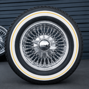 13×7" chrome wire wheels 72 spoke reverse cross lace + 155/80r13 true whitewall & yellow stripe tires | triple plated | set of 4