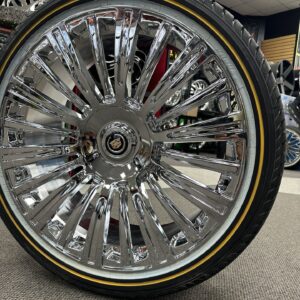 26" nighthawk chrome wheels 6 lug + 275/25r26 whitewall & gold stripe tires