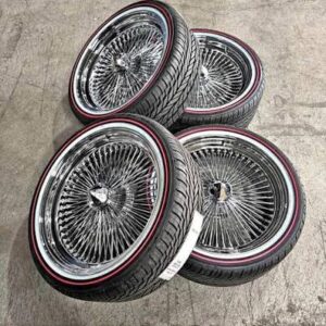 26" chrome knock off wire wheels — staggered donk set (26×9 & 26×10) + 275/25r26 custom true whitewall & red stripe tires | set of 4