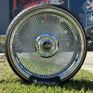 26" chrome wire wheels staggered direct bolt (26×9 / 26×10) + 275/25r26 whitewall & gold stripe tires | custom made usa | show car set