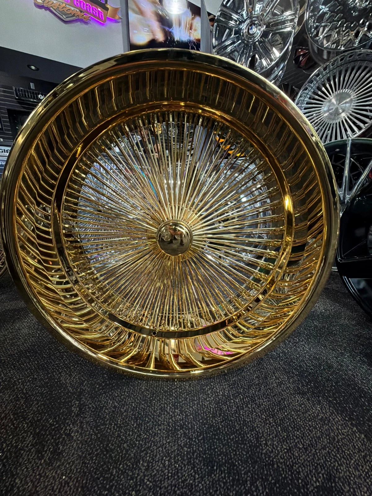 26" all gold wire wheels — staggered direct bolt + 275/25r26 whitewall & gold stripe tires for chevy caprice | set of 4 26" all gold wire wheels — staggered direct bolt + 275/25r26 whitewall & gold stripe tires for chevy caprice | set of 4