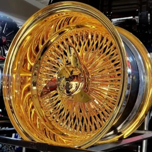 all gold 13x7 reverse 100 spoke straight lace wire wheels lowrider classic car deep dish set of 4 with gold knock offs adapters Impala Caprice Cutlass