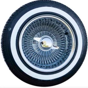 13x7 chrome wire wheels 100 spoke reverse with 155/80R13 buffed whitewall tires set of 4