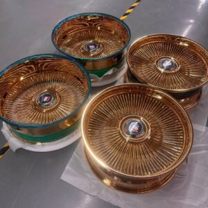 26x9 24x10 staggered all gold wire wheels Buick pure gold hub to rim spoke design set of 4