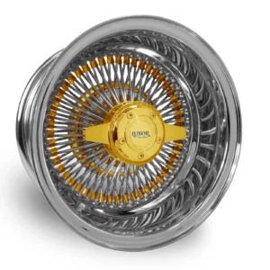 14x7 gold center wire wheels with chrome lip front view