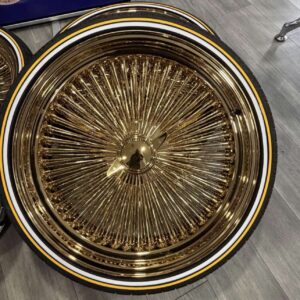 22x8 all gold wire wheels standard straight lace pure California gold finish universal bolt pattern set of 4