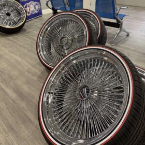 24x10 triple plated chrome wire wheels with 255/30R24 red stripe whitewall tires 5x114.3 Lincoln Town Car set of 4